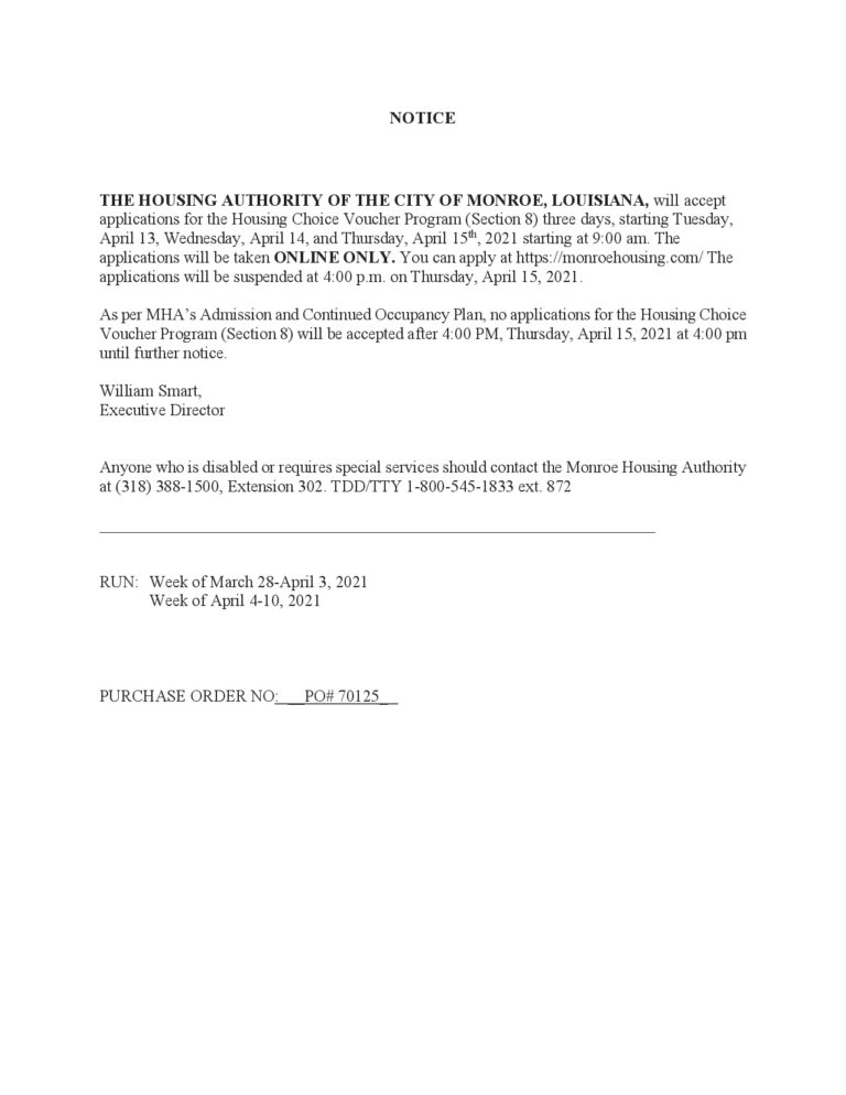 HCVP Public Notice Monroe Housing Authority